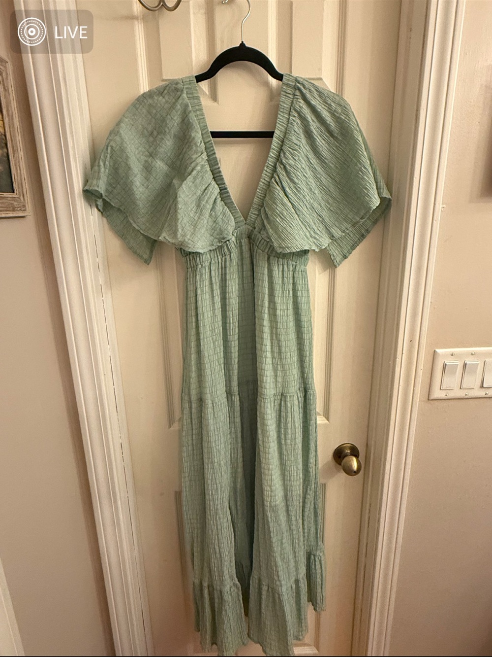 Medium Light Green Tiered Maxi Dress with Flutter Sleeves